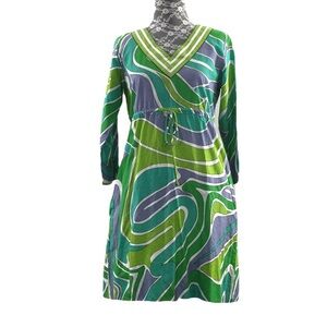 Gretchen Scott Design Green Swirl 3/4 Sleeve Dress Womens XS V Neck Cotton